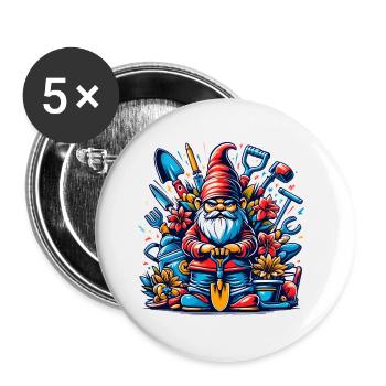 Nain de jardin coloré et sinistre avec des fleurs et des outils - Lot de 5 grands badges (56 mm) - blanc - Devant