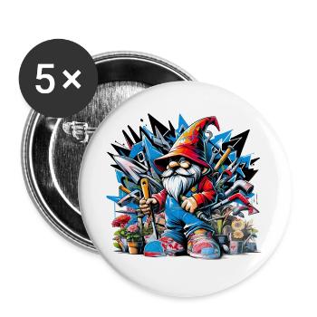 Nain de jardin coloré et vivant entouré d’outils - Lot de 5 grands badges (56 mm) - blanc - Devant