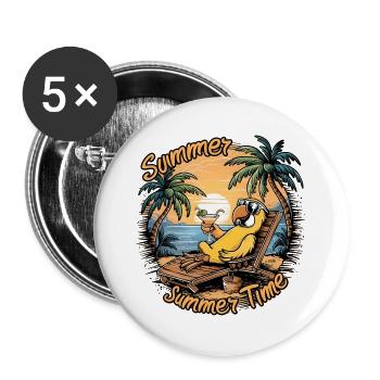 Perroquet d’été avec des lunettes de soleil sur la chaise de plage - Lot de 5 grands badges (56 mm) - blanc - Devant