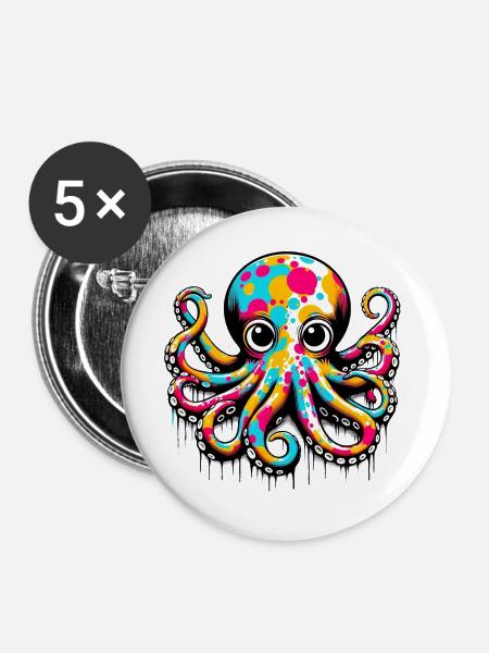 Krake - Buttons groß 56 mm (5er Pack) - Weiß