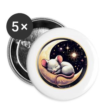 friedlich schlafende Maus,auf einer Mondsichel - Buttons groß 56 mm (5er Pack) - Weiß - Vorne