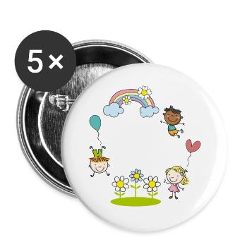 Kinder der Erde mit Regenbogen Blumen Luftballon - Buttons groß 56 mm (5er Pack) - Weiß - Vorne