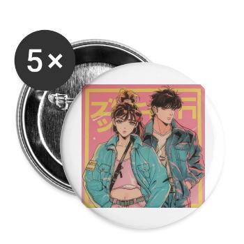 80er Jahre Anime Mädchen beruhigender hochwertiger Modedruck - Buttons groß 56 mm (5er Pack) - Weiß - Vorne