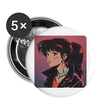80er Jahre Anime Mädchen beruhigender hochwertiger Modedruck - Buttons groß 56 mm (5er Pack) - Weiß - Vorne