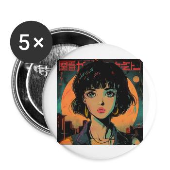 80er Jahre Anime Mädchen beruhigender hochwertiger Modedruck - Buttons groß 56 mm (5er Pack) - Weiß - Vorne