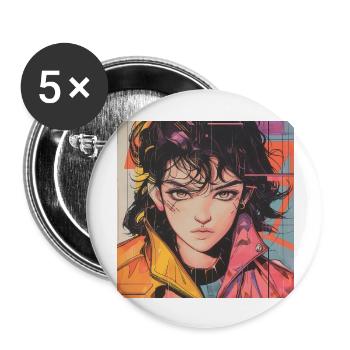 80er Jahre Anime Mädchen beruhigender hochwertiger Modedruck - Buttons groß 56 mm (5er Pack) - Weiß - Vorne