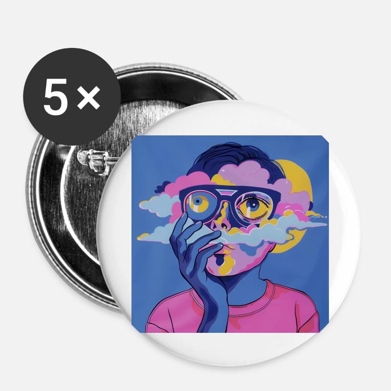 Visage psychédélique - Lot de 5 grands badges (56 mm) - blanc