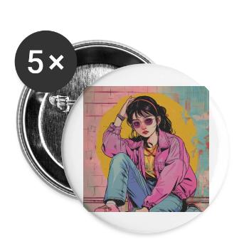 80er Jahre Anime Mädchen beruhigender hochwertiger Modedruck - Buttons groß 56 mm (5er Pack) - Weiß - Vorne