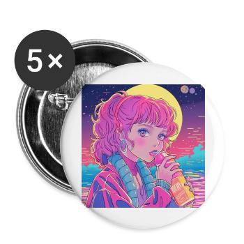 80er Jahre Anime Mädchen beruhigender hochwertiger Modedruck - Buttons groß 56 mm (5er Pack) - Weiß - Vorne