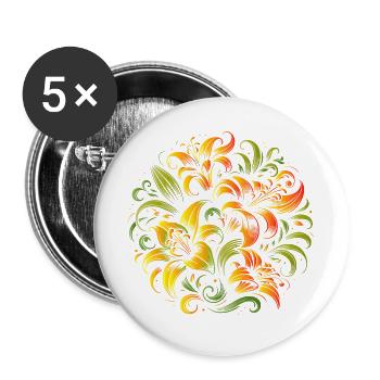 bunter Lilien Strauß elegant und geschwungen - Buttons groß 56 mm (5er Pack) - Weiß - Vorne