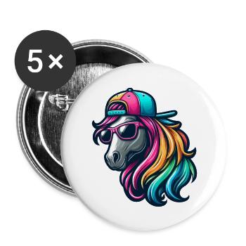 Regenbogen Cooles Pferd - Buttons groß 56 mm (5er Pack) - Weiß - Vorne
