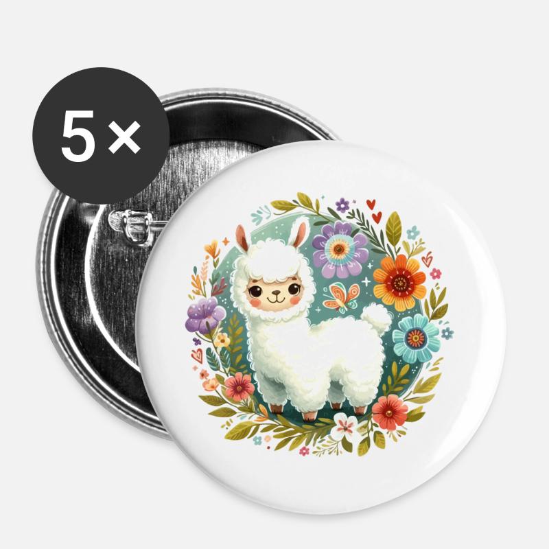 Floral with a little llama - Buttons large 2.2''/56 mm (5-pack) - white