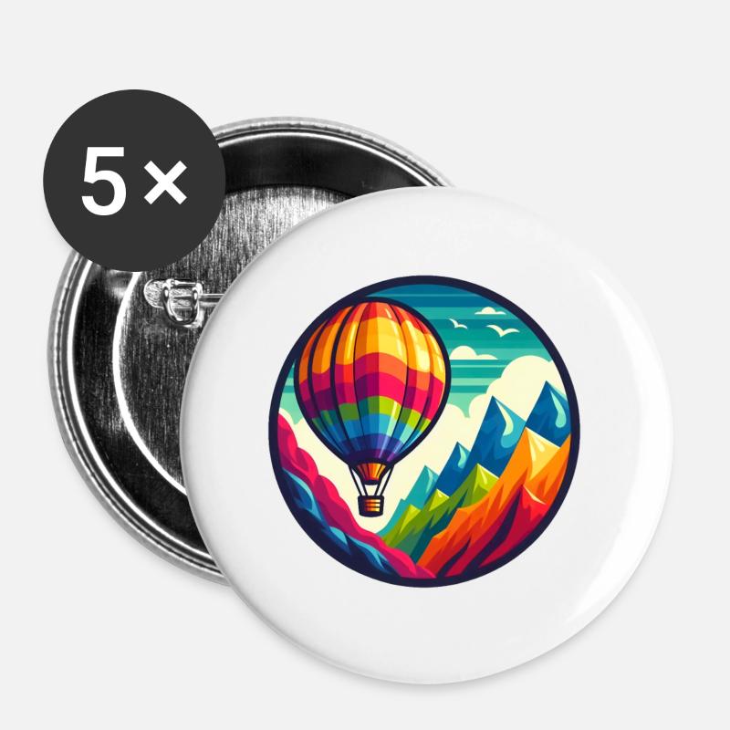Montgolfière Colorée en Montagne - Lot de 5 grands badges (56 mm) - blanc