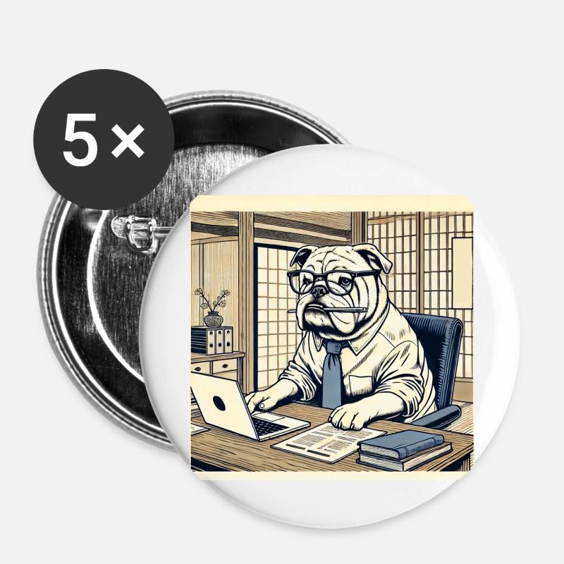 Bulldog at the Desk - Ukiyo-e Style - Buttons large 2.2''/56 mm (5-pack) - white
