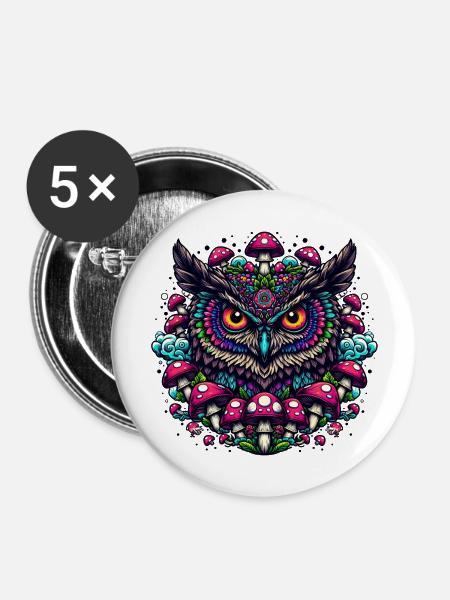 Psychedelische Eule - Buttons groß 56 mm (5er Pack) - Weiß