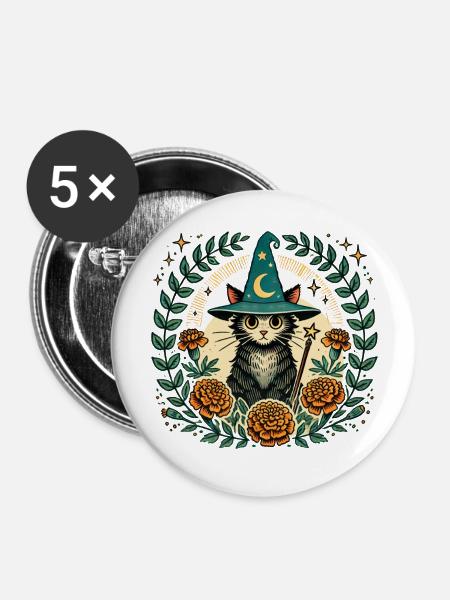 Wizard Kitty Katze - Buttons groß 56 mm (5er Pack) - Weiß
