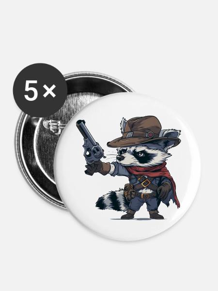 Waschbär-Western - Buttons groß 56 mm (5er Pack) - Weiß