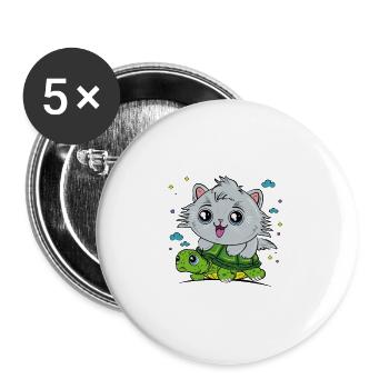 Chat sur tortue - Lot de 5 grands badges (56 mm) - blanc - Devant