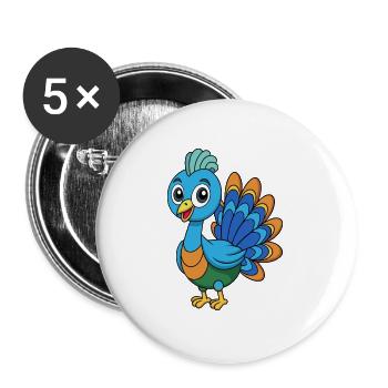 Peacock Cute Mascot Cartoon Character Kawaii - Buttons large 2.2''/56 mm (5-pack) - white - Front