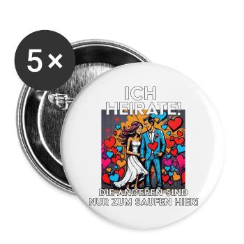 JGA Bräutigam Ich heirate - Buttons groß 56 mm (5er Pack) - Weiß - Vorne