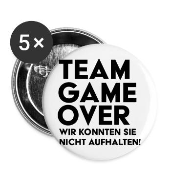 Braut Support JGA Team Game Over - Buttons groß 56 mm (5er Pack) - Weiß - Vorne