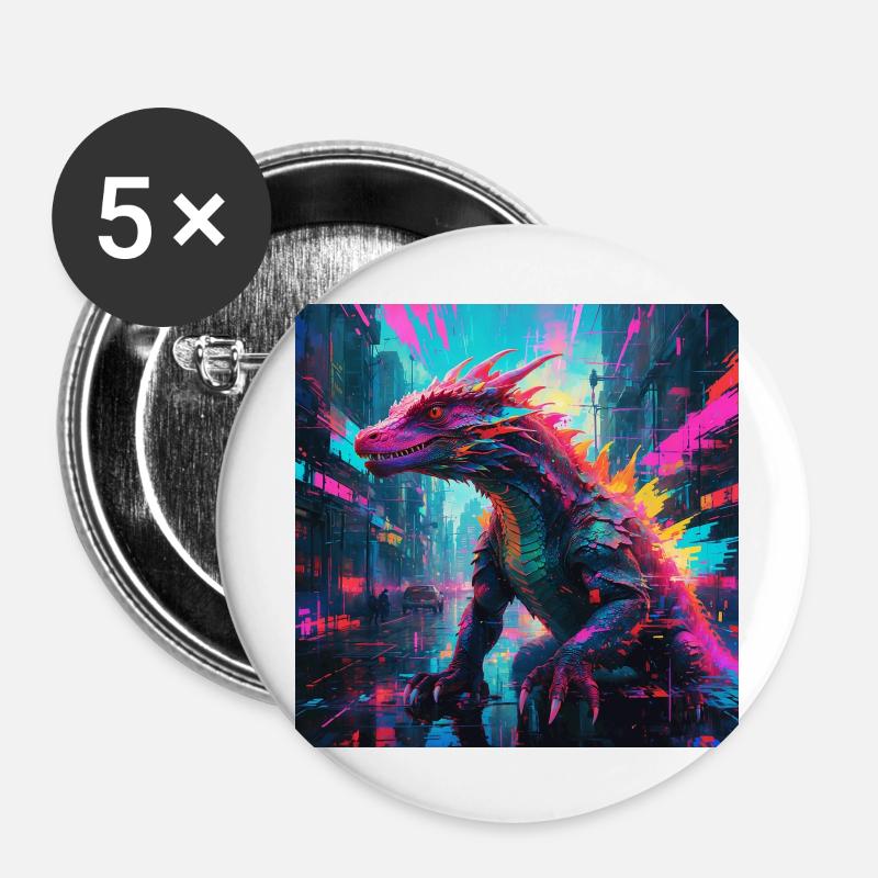 Neon Komodo Dragon - Buttons large 2.2''/56 mm (5-pack) - white