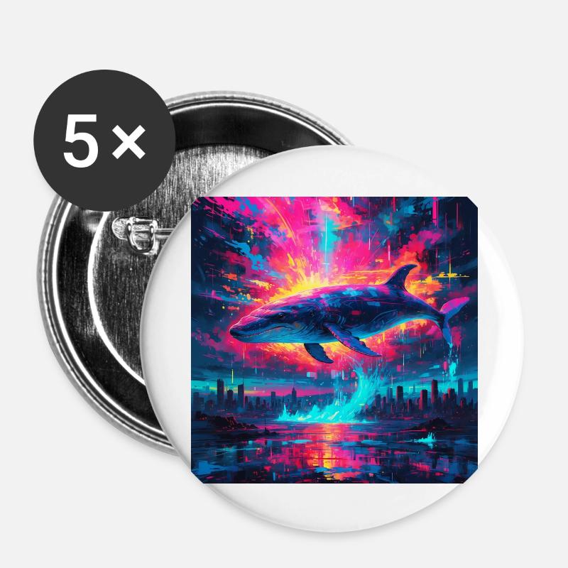 Neon Blue Whale - Buttons large 2.2''/56 mm (5-pack) - white