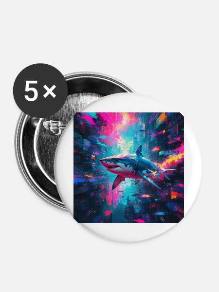 Neon großer weißer Hai - Buttons groß 56 mm (5er Pack) - Weiß