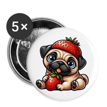 Skurril Hund Mops Erdbeere Fruchtig Comic Design - Buttons groß 56 mm (5er Pack) - Weiß - Vorne