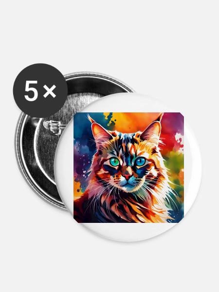 Katze farbig 1 - Buttons groß 56 mm (5er Pack) - Weiß