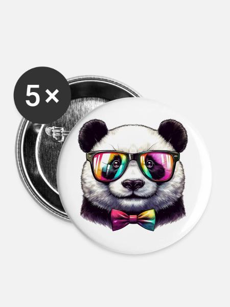 Panda mit Brille und Fliege - Buttons groß 56 mm (5er Pack) - Weiß