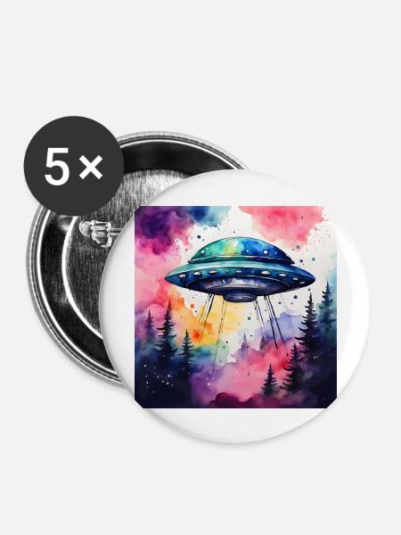 UFO farbig - Buttons groß 56 mm (5er Pack) - Weiß