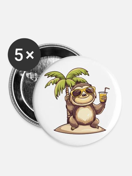 Faultier Sommer Strand Comic - Buttons groß 56 mm (5er Pack) - Weiß