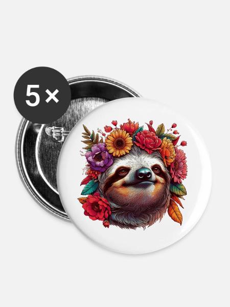 Faultier mit Blumen - Buttons groß 56 mm (5er Pack) - Weiß