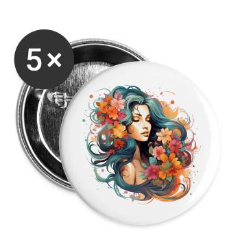 Frau verziert mit Blumen und tollen Farben - Buttons groß 56 mm (5er Pack) - Weiß - Vorne