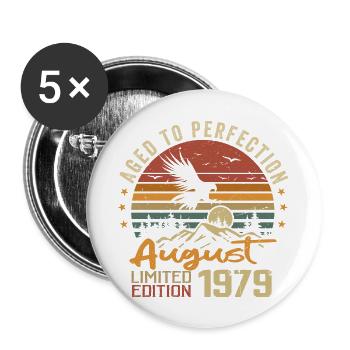 Jahrgang August 1979 Geburtstagsgeschenk August 1979 - Buttons groß 56 mm (5er Pack) - Weiß - Vorne