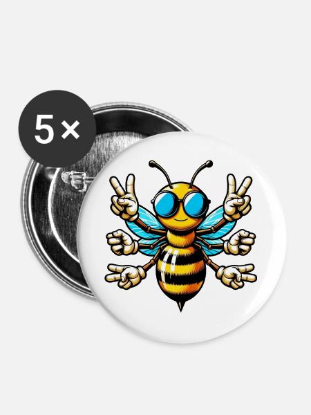 Biene mit Sonnenbrille - Buttons groß 56 mm (5er Pack) - Weiß
