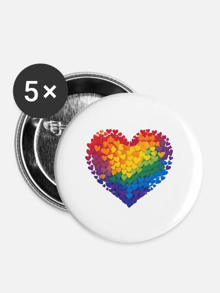 Regenbogenherzen im Herzen - Buttons groß 56 mm (5er Pack) - Weiß
