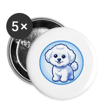 Bichon frisé chien bleu kawaii dessin animé personnage animal de compagnie - Lot de 5 grands badges (56 mm) - blanc - Devant