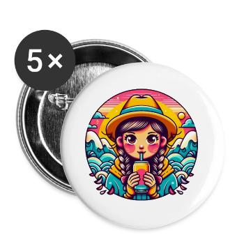 Fille rétro buvant Pop illustration - Lot de 5 grands badges (56 mm) - blanc - Devant