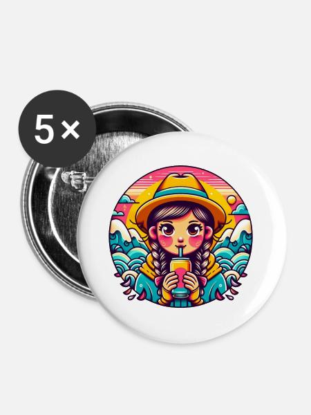 Retro Mädchen Trinken Pop Illustration - Buttons groß 56 mm (5er Pack) - Weiß