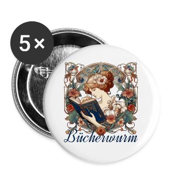 Bücherwurm Frau Lesen Schmökern Geschenk - Buttons groß 56 mm (5er Pack) - Weiß - Vorne