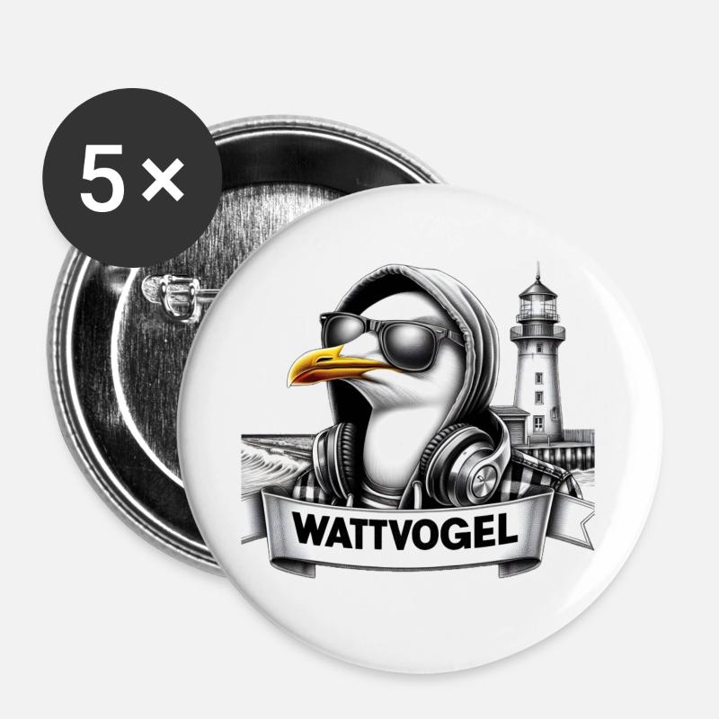 Coole Möwe Wattvogel mit Sonnenbrille und Kapuze - Buttons groß 56 mm (5er Pack) - Weiß
