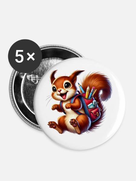 Schulstart mit Spaß:Eichhörnchen für Schulanfänger - Buttons groß 56 mm (5er Pack) - Weiß