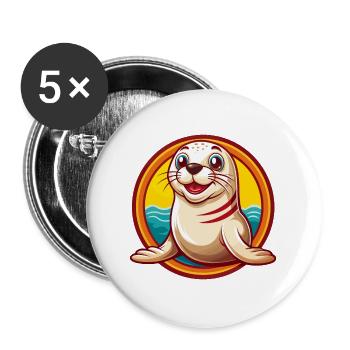 Robbe Niedlich Lustig Kawaii Cartoon Clipart Tier Haustier - Buttons groß 56 mm (5er Pack) - Weiß - Vorne