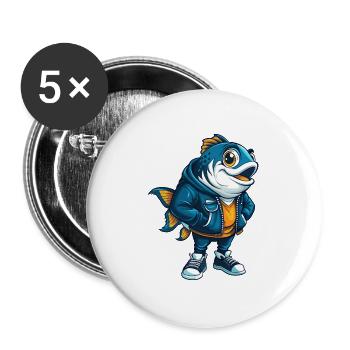 Fisch Cool Kawaii Cartoon Charakter Clipart - Buttons groß 56 mm (5er Pack) - Weiß - Vorne