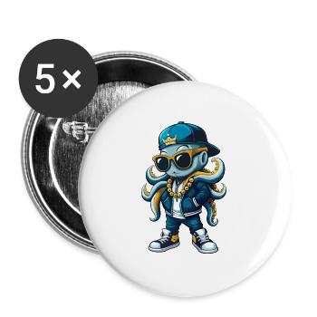 Oktopus Coole Zeichentrickfigur Kawaii Clipart - Buttons groß 56 mm (5er Pack) - Weiß - Vorne
