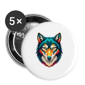 loup mignon kawaii dessin animé clipart visage d’animal - Lot de 5 grands badges (56 mm) - blanc - Devant
