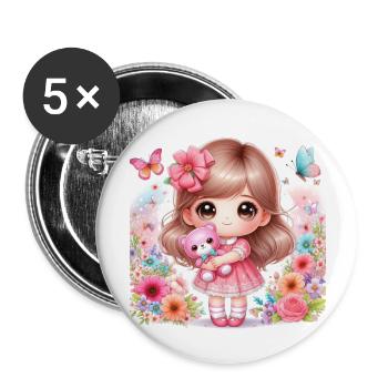 Petite poupée avec un nounours - Lot de 5 grands badges (56 mm) - blanc - Devant