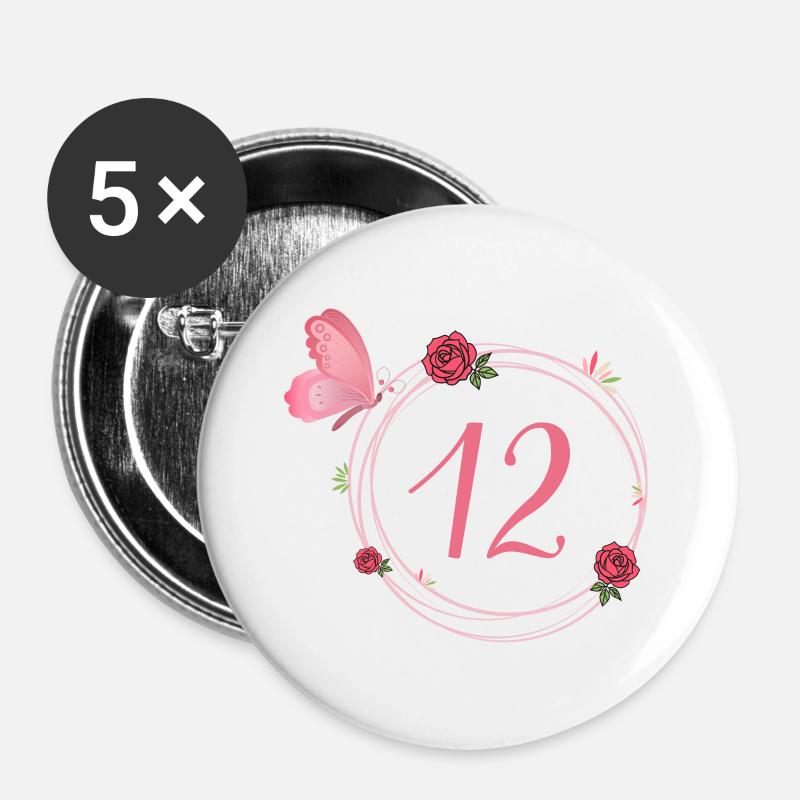 12. Geburtstag Schmetterlings- und Blumenmädchen - Buttons groß 56 mm (5er Pack) - Weiß